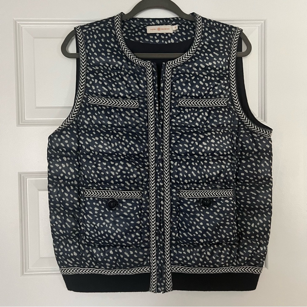 Tory Burch Navy Ivory Spotted Design Puffer Vest